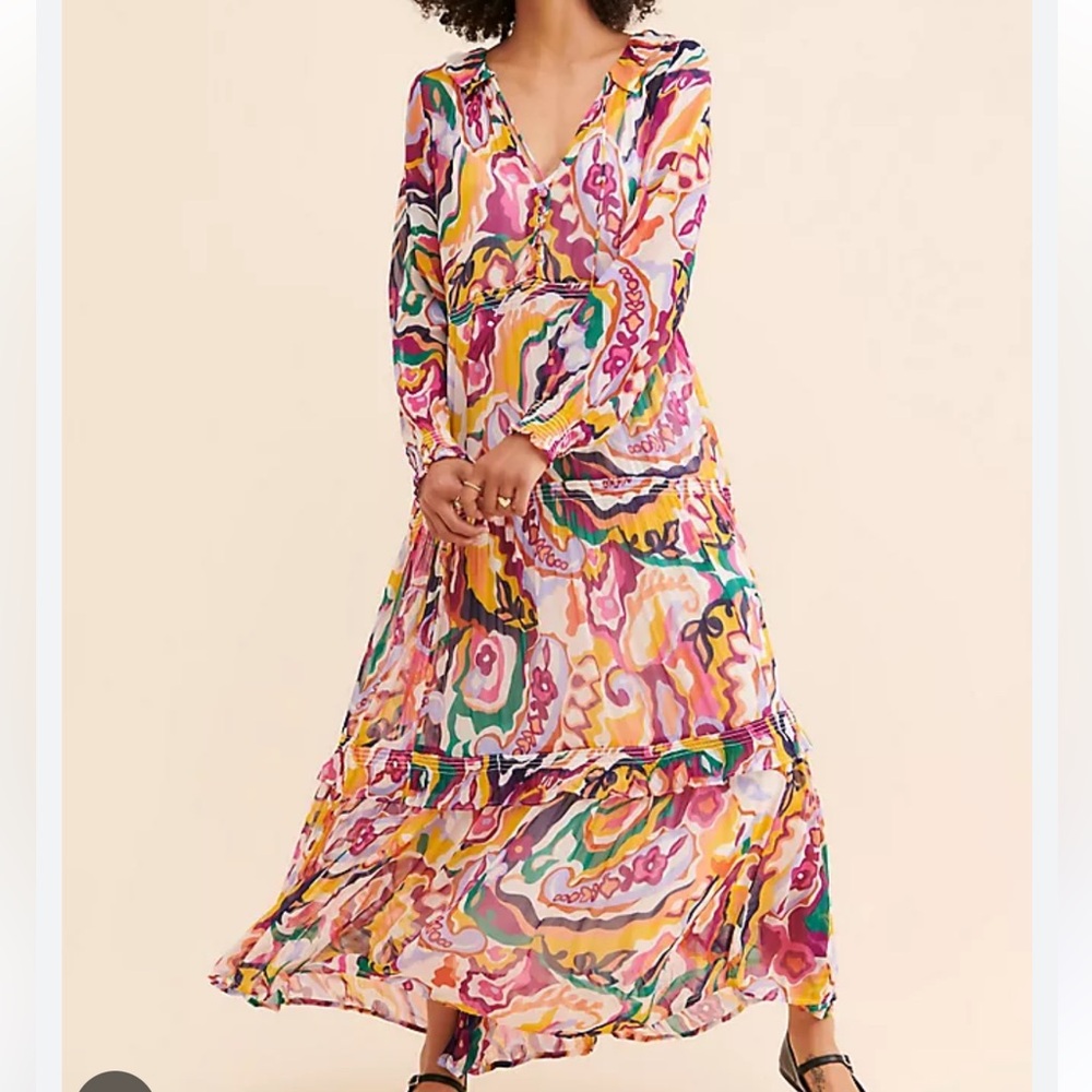 Anthropologie Marais Chiffon Maxi Dress Tiered Romantic Abstract Art XL Nwt‎